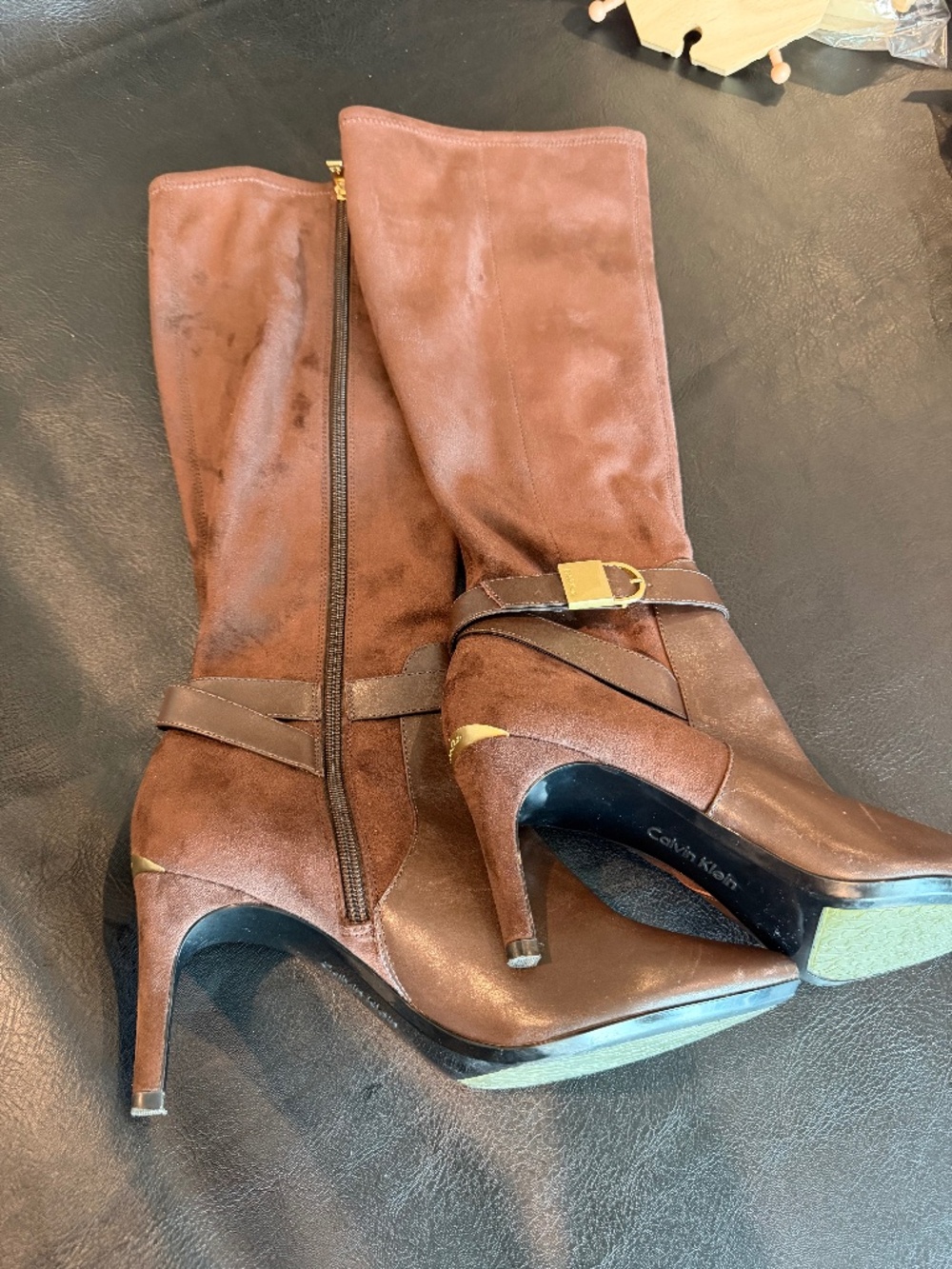 Calvin Klien Bown Leather and Suede Boots with Gold Tone Accents 8 1/2 M